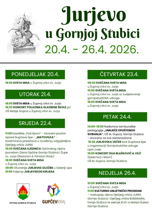 JURJEVO U GORNJOJ STUBICI OD 20. 04. - 26. 04. 2026. GODINE